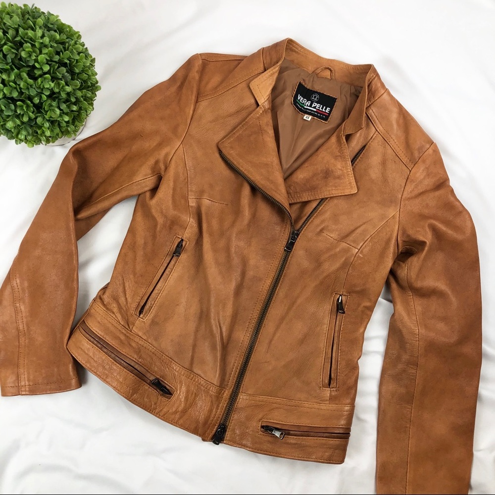 Vera Pelle Leather distressed Moto jacket size 44